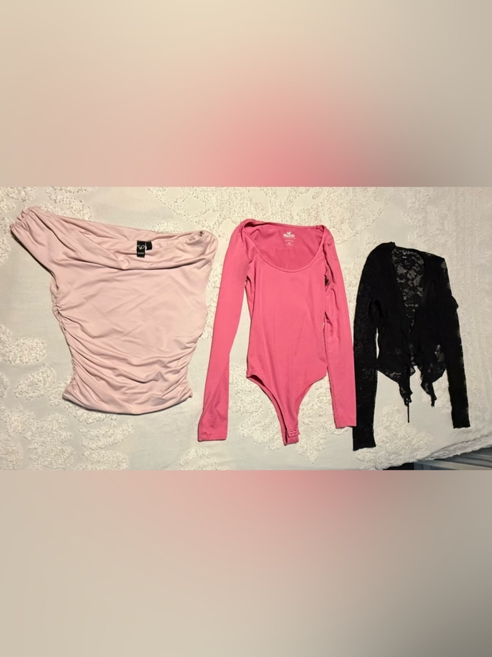 Pink Long-Sleeve Scoop Neck Bodysuit and blush blouse & black mesh blouse
